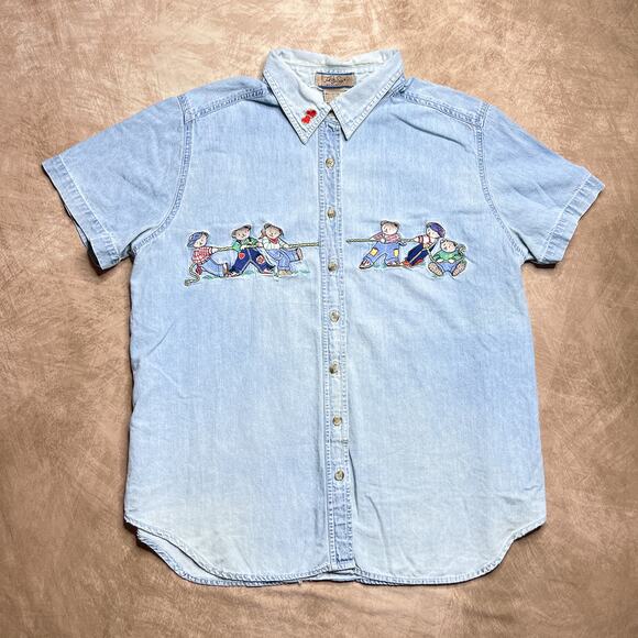 Vintage 90s Just My Size Denim Teddy Bear Tug of War Shirt Button Up Teacher - Picture 8 of 8